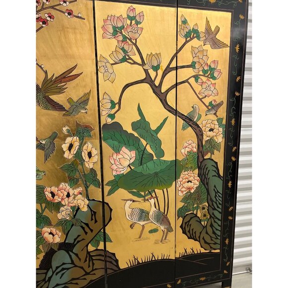 Vintage 1950's Oriental Asian Chinioiserie Gold Coromandel 4 Panel Screen Divide - Picture 6 of 10